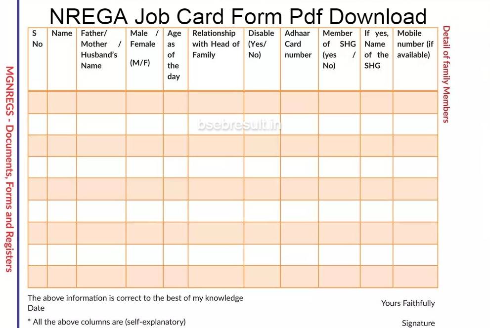 MANREGA Job Card Form Pdf Download