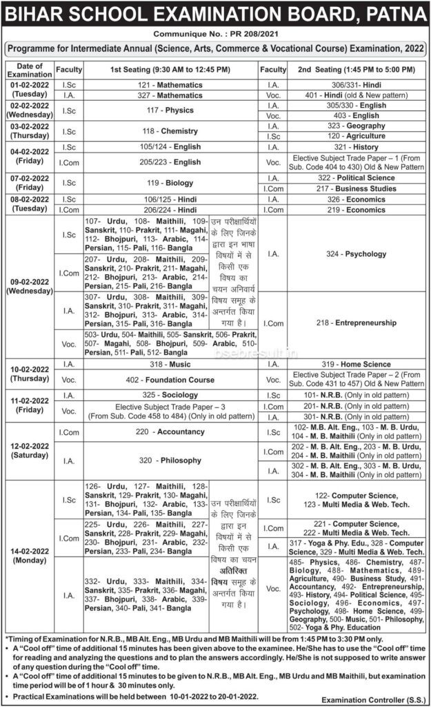 Bihar Board 12th Exam Date 2022 | BSEB Inter Time Table 