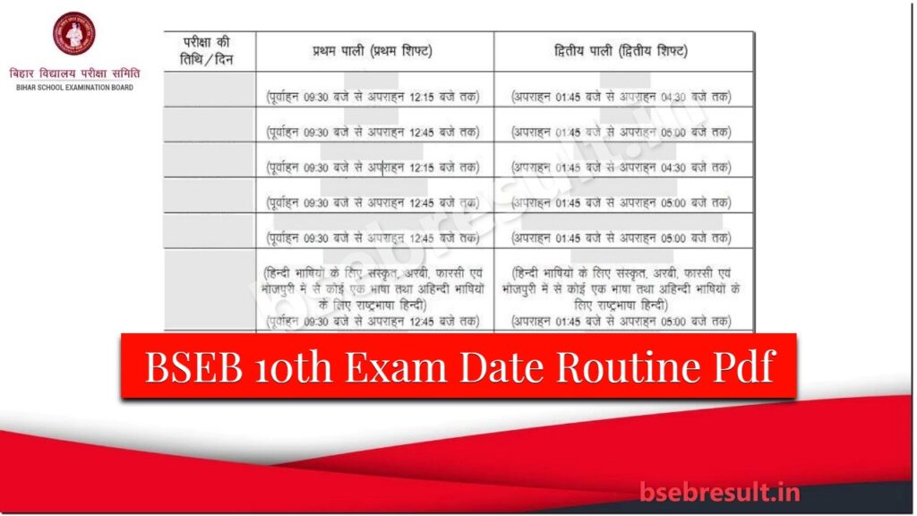 BSEB 10th Exam Date 2024 Routine