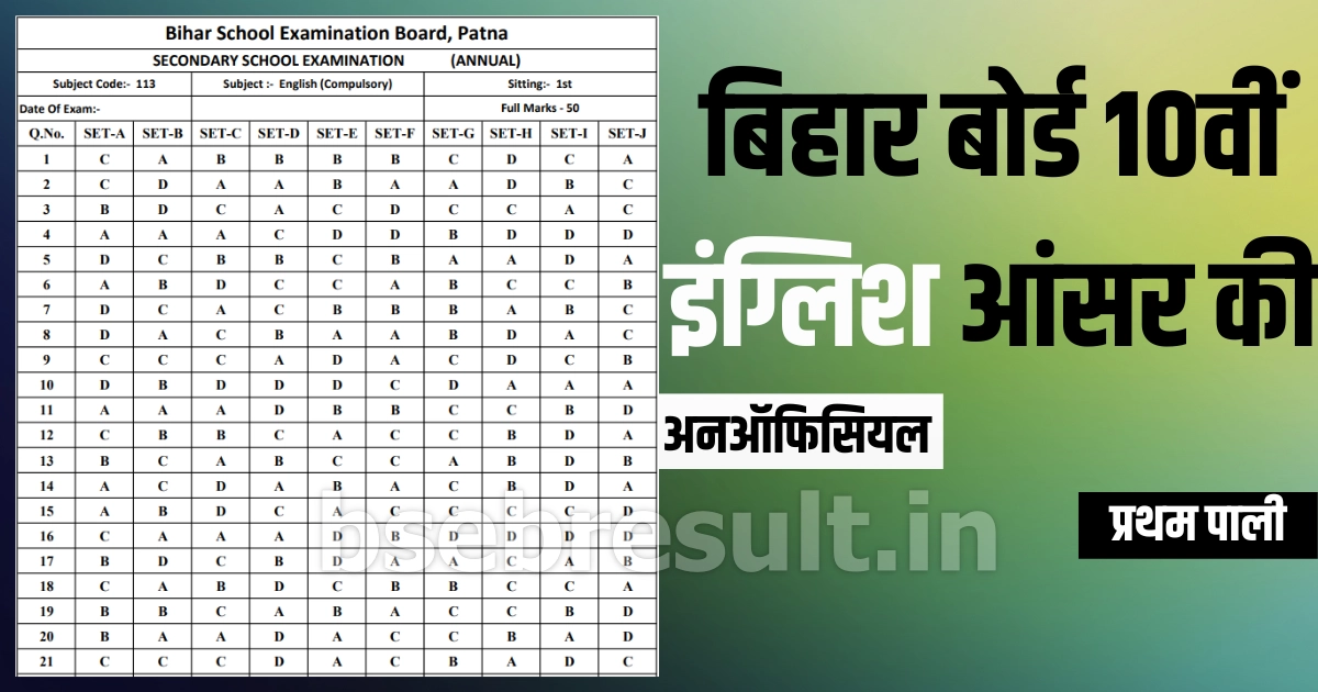 Bihar Board 10th English Answer Key Unofficial Download Link 1st Shift