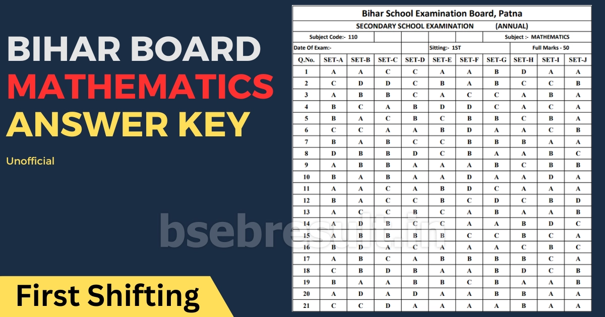 Bihar Board 10th Math Answer Key Unofficial Download Link 1st Shift