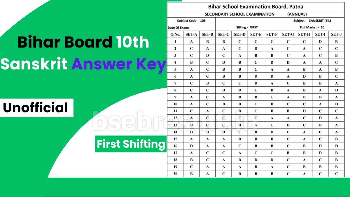 Bihar Board 10th Sanskrit Answer Key Download Link Unofficial 1st Shift
