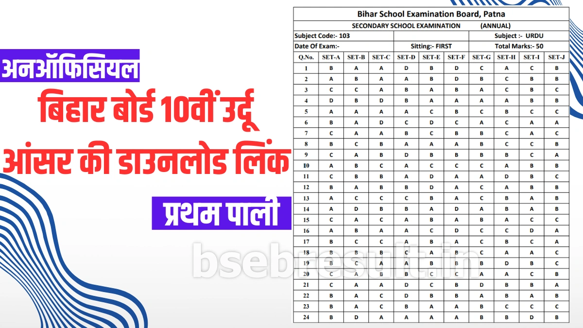 Bihar Board 10th Urdu Answer Key Unofficial Download Link 1st Shift