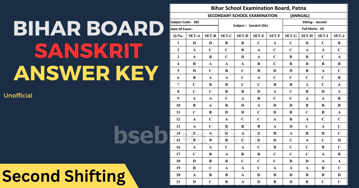 Unofficial download link of Bihar Board 10th Sanskrit Answer Key 2nd Shift